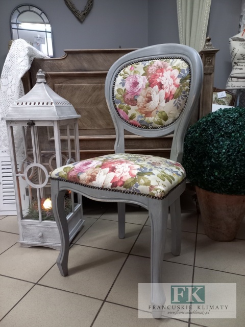 FRANCUSKIE KRZESŁO SZARY medalion KWIATY DĄB