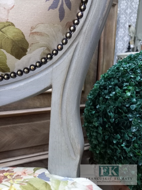 FRANCUSKIE KRZESŁO SZARY medalion KWIATY DĄB