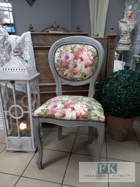 FRANCUSKIE KRZESŁO SZARY medalion KWIATY DĄB