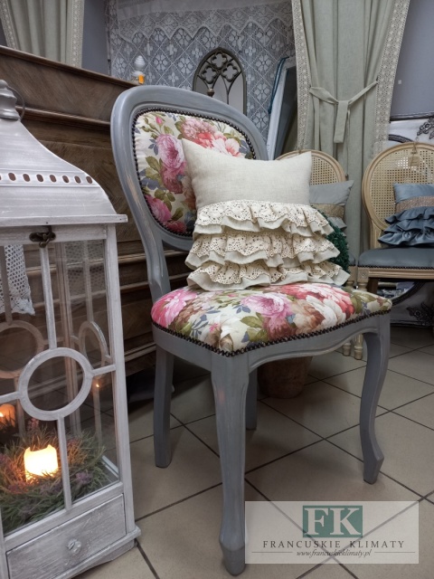 FRANCUSKIE KRZESŁO SZARY medalion KWIATY DĄB