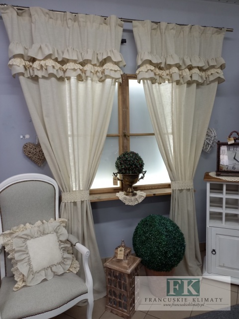 KOMPLET , KPL ZASŁONY / BOKI Z TUBKAMI KORONKA NATURA FALBANY PROWANSJA