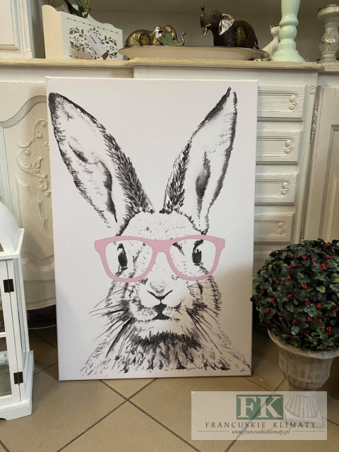 OBRAZ NA PŁÓTNIE KRÓLIK ZAJĄC 90x60 RÓŻOWE OKULARY RETRO VINATGE