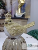 FIGURA PTASZEK NA KULI "KRÓLOWA" 15,5 cm biel złoto brokat