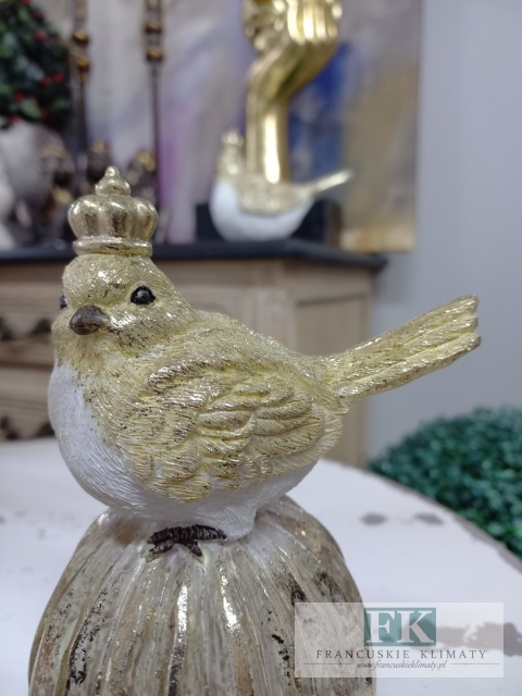 FIGURA PTASZEK NA KULI "KRÓLOWA" 15,5 cm biel złoto brokat