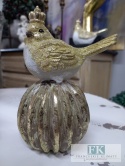 FIGURA PTASZEK NA KULI "KRÓLOWA" 15,5 cm biel złoto brokat