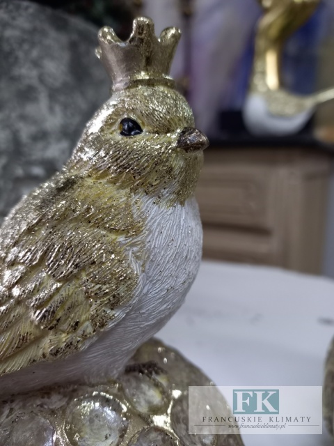 FIGURA PTASZEK NA KULI "KRÓL" 16 cm biel złoto brokat