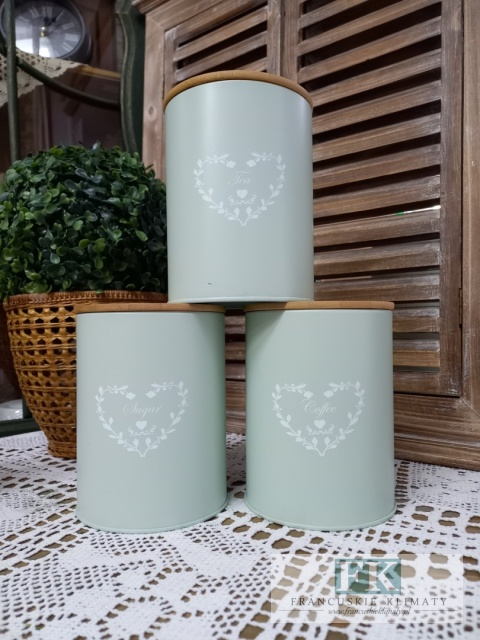 kpl , KOMPLET 3 szt PUSZEK "SUGAR + COFFE + TEA" PUSZKA SERCE 15,5 cm mięta SHABBY , PROWANSJA , VINTAGE