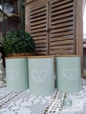 kpl , KOMPLET 3 szt PUSZEK "SUGAR + COFFE + TEA" PUSZKA SERCE 15,5 cm mięta SHABBY , PROWANSJA , VINTAGE