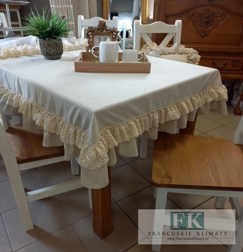 OBRUS NATURA BEŻ 140x140 FALBANY KORONKA , STYL FRANCUSKI SHABBY CHIC
