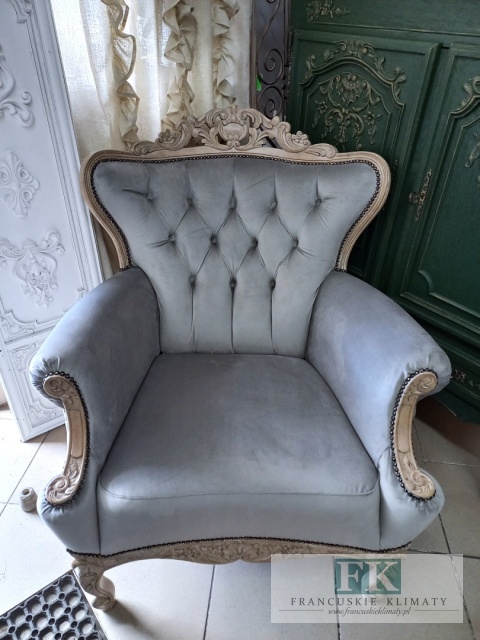 FRANCUSKI FOTEL PLUSZ antyczne drewno