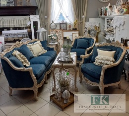 FRANCUSKI KPL. WYPOCZYNKOWY 8 EL. DĄB PLUSZ CIEMNY NIEBIESKI CIENIOWANY !