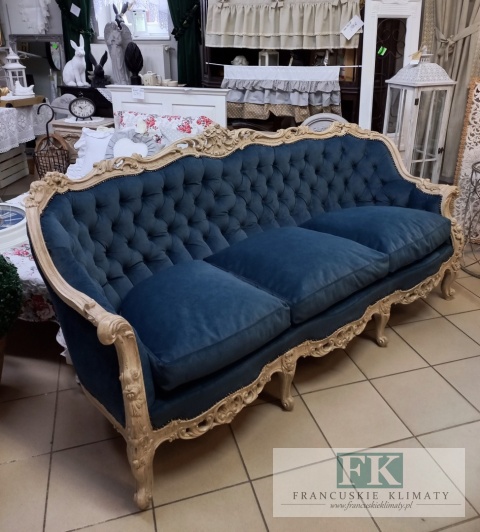 FRANCUSKI KPL. WYPOCZYNKOWY 8 EL. DĄB PLUSZ CIEMNY NIEBIESKI CIENIOWANY !