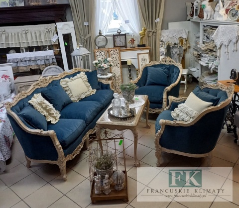 FRANCUSKI KPL. WYPOCZYNKOWY 8 EL. DĄB PLUSZ CIEMNY NIEBIESKI CIENIOWANY !