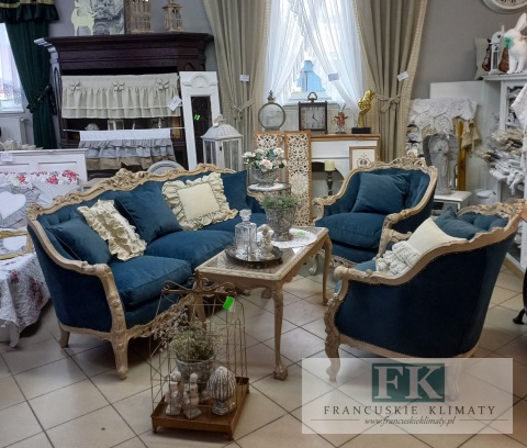 FRANCUSKI KPL. WYPOCZYNKOWY 8 EL. DĄB PLUSZ CIEMNY NIEBIESKI CIENIOWANY !