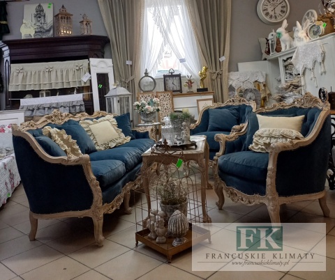 FRANCUSKI KPL. WYPOCZYNKOWY 8 EL. DĄB PLUSZ CIEMNY NIEBIESKI CIENIOWANY !