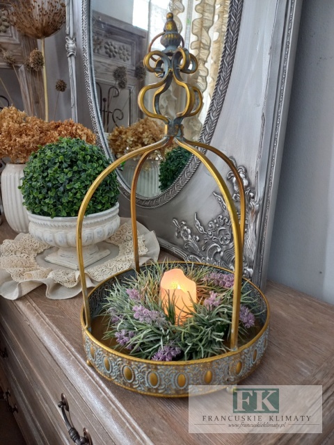 DEKORACYJNA TACA , KWIETNIK , LAMPION KORONA 51 CM ANTYCZNE ZŁOTO
