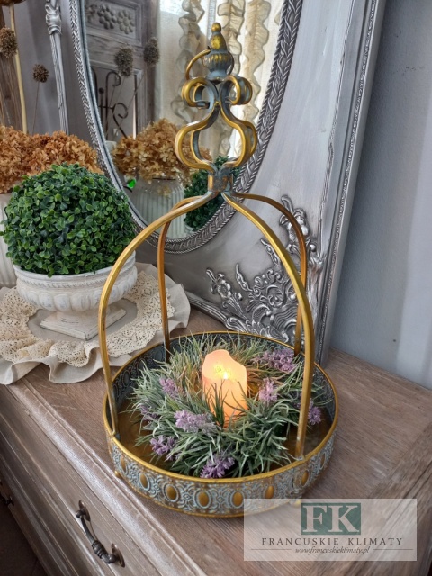 DEKORACYJNA TACA , KWIETNIK , LAMPION KORONA 51 CM ANTYCZNE ZŁOTO