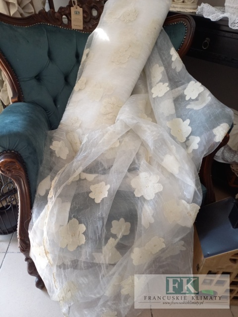 MATERIAŁ TKANINA ORGANZA ORGANTYNA KRESZOWANA KWIATUSZKI 280 CM ECRU - BEŻ