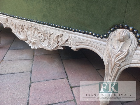 FRANCUSKI KPL. WYPOCZYNKOWY 9 EL. SOFA+2 FOTELE antyczne drewno PLUSZ OLIWKA