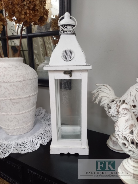 WSPANIAŁA DREWNIANA LATARNIA-LAMPION 50 CM W STYLU FRANCUSKIM, SHABBY, PROWANSJA.