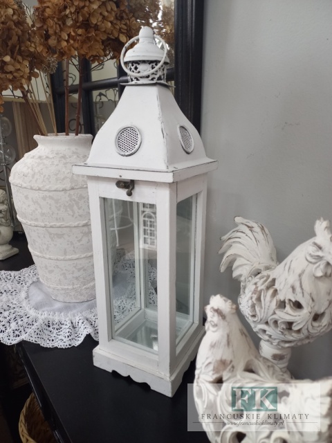 WSPANIAŁA DREWNIANA LATARNIA-LAMPION 50 CM W STYLU FRANCUSKIM, SHABBY, PROWANSJA.