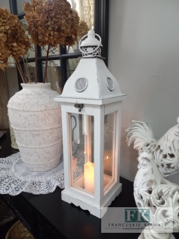 WSPANIAŁA DREWNIANA LATARNIA-LAMPION 50 CM W STYLU FRANCUSKIM, SHABBY, PROWANSJA.