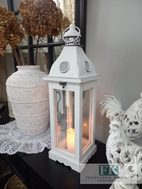 WSPANIAŁA DREWNIANA LATARNIA-LAMPION 50 CM W STYLU FRANCUSKIM, SHABBY, PROWANSJA.
