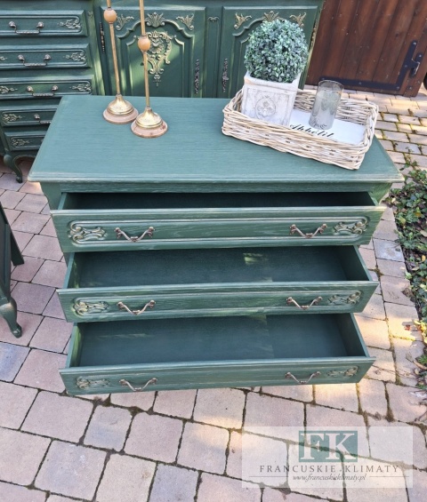 dostawa 02-06 stycznia ! FRANCUSKA KOMODA DĄB VERT ROYALE butelkowa zieleń muśnięta złotem