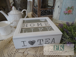 KŁ. HERBACIARKA PUDEŁKO NA HERBATĘ I LOVE TEA 24X24 shabby , prowansja , vintage