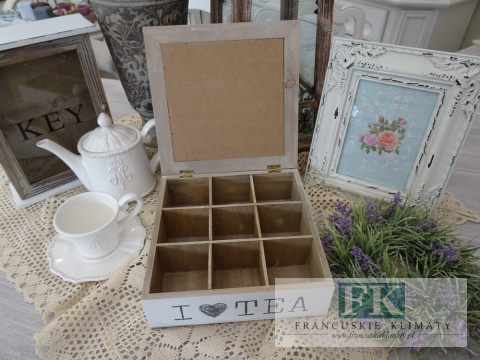 KŁ. HERBACIARKA PUDEŁKO NA HERBATĘ I LOVE TEA 24X24 shabby , prowansja , vintage