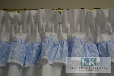 LAMBREKIN + 2 BOKI WYS 160 CM BŁĘKITNA PEPITKA KRATKA BAWEŁNA 100% SHABBY CHIC PROWANSJA