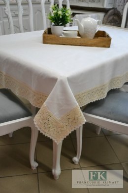 OBRUS ANITA 110X160 ŁAMANA BIEL ZŁOTA NITKA LEN NATURA SHABBY CHIC FRANCJA