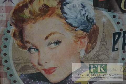 OBRAZ NA PŁÓTNIE DAMA KOBIETA Z KAWĄ 45X45 VINTAGE SHABBY CHIC FRANCJA