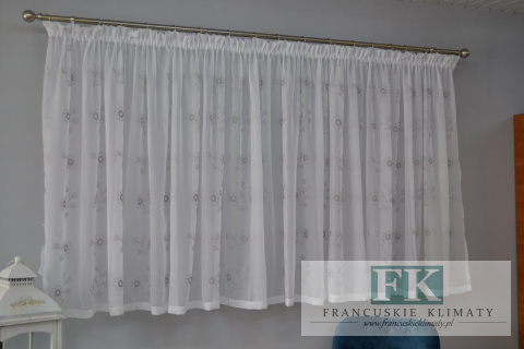 FIRANA HAFTOWANA , woal BIEL haft SREBRNO-SZARY , PROWANSJA , SHABBY , VINTAGE , RETRO