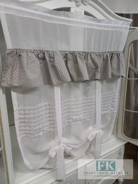 ROLETKA, EKRAN , PANEL PROWANSJA , SHABBY, SZER 90 cm WYS 125 cm BATYST , BAWEŁNA kropki biel - szare