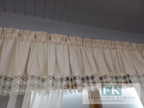 KPL lambrekin z gipiurą ,300/50 , 140/160 , boki szarfa batyst PROWANSJA , VINTAGE SHABBY