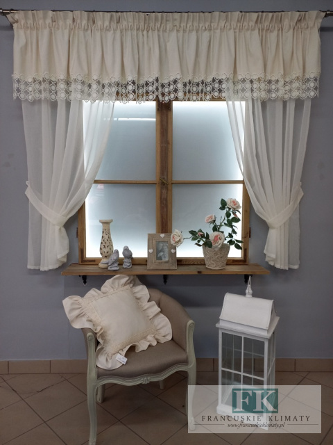 KPL lambrekin z gipiurą ,300/50 , 140/160 , boki szarfa batyst PROWANSJA , VINTAGE SHABBY