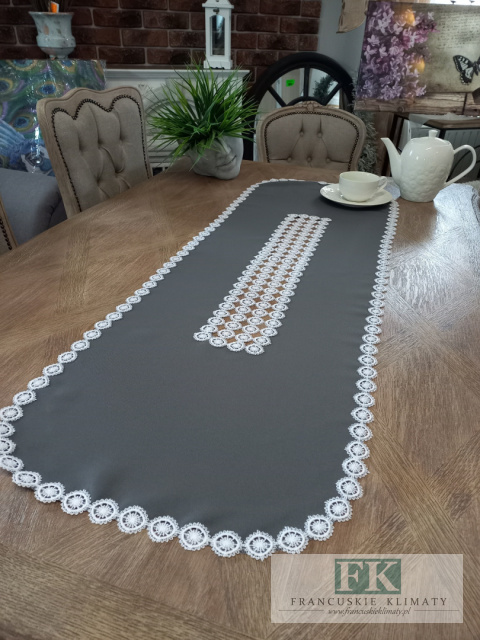 BIEŻNIK GIPIURA 120/ 50 CM SZARY z BIAŁĄ GIPIURĄ PROWANSJA SHABBY CHIC VINTAGE