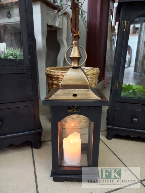 LATARNIA LAMPION 46 CM DREWNO METAL SZKŁO