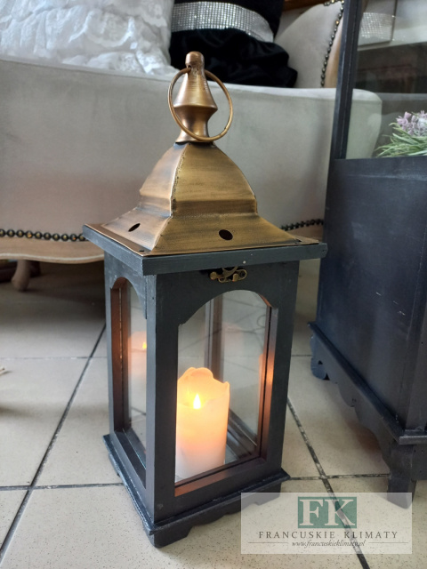 LATARNIA LAMPION 46 CM DREWNO METAL SZKŁO